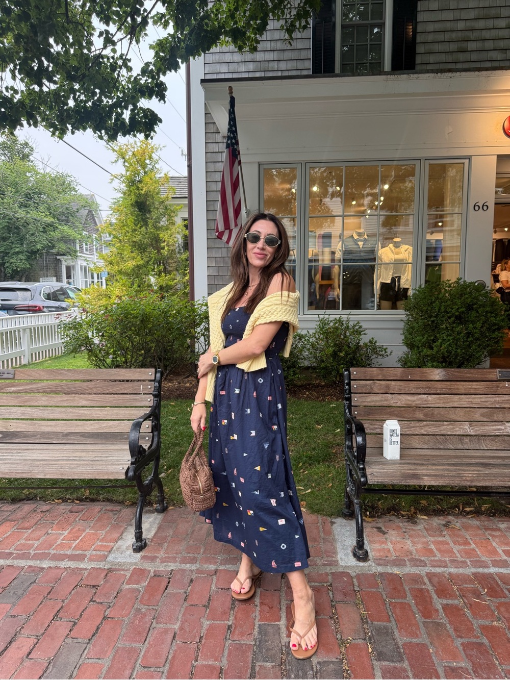 Navy Printed Midi Sundress with Yellow Knit Wrap